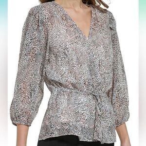 DKNY V-Neck Animal Print Top Tie-Waist NWOT